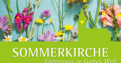 Verschiedene Blumen liegen auf einem türkisen Hintergrund sauber angeordnet; darunter eine Siluette einer Kirche in hellgrün, wobei der Bogen bis zur Grafik unten reicht - in großen weißen Buchstaben ist zu lesen Sommerkirche Unterwegs in Gottes Welt